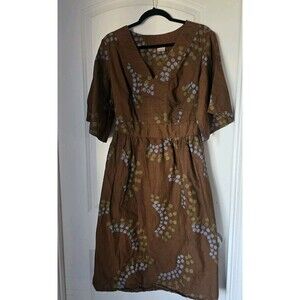 Global Mamas XL Dress Tie Waist 100% Cotton Brown/ Blue/Green  Cottagecore
